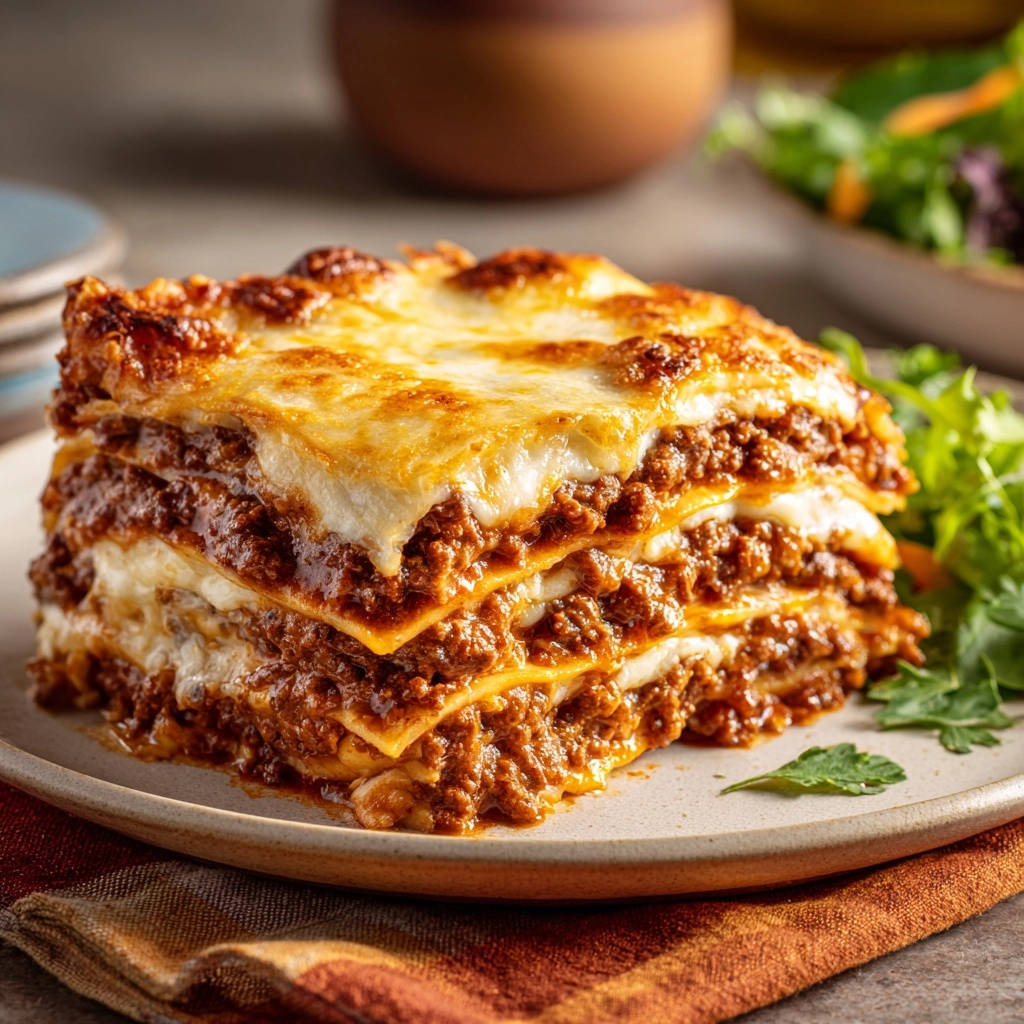 Hearty classic lasagna showing a thick cross-section slice layered with pasta, meat sauce, and cheese.
