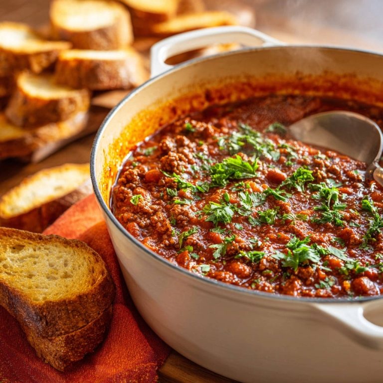 Hearty ground beef & tomato simmer shown in a close-up view within a Dutch oven, garnished with fresh parsley.