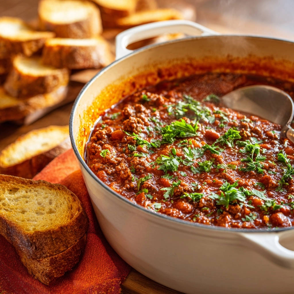 Hearty ground beef & tomato simmer shown in a close-up view within a Dutch oven, garnished with fresh parsley.
