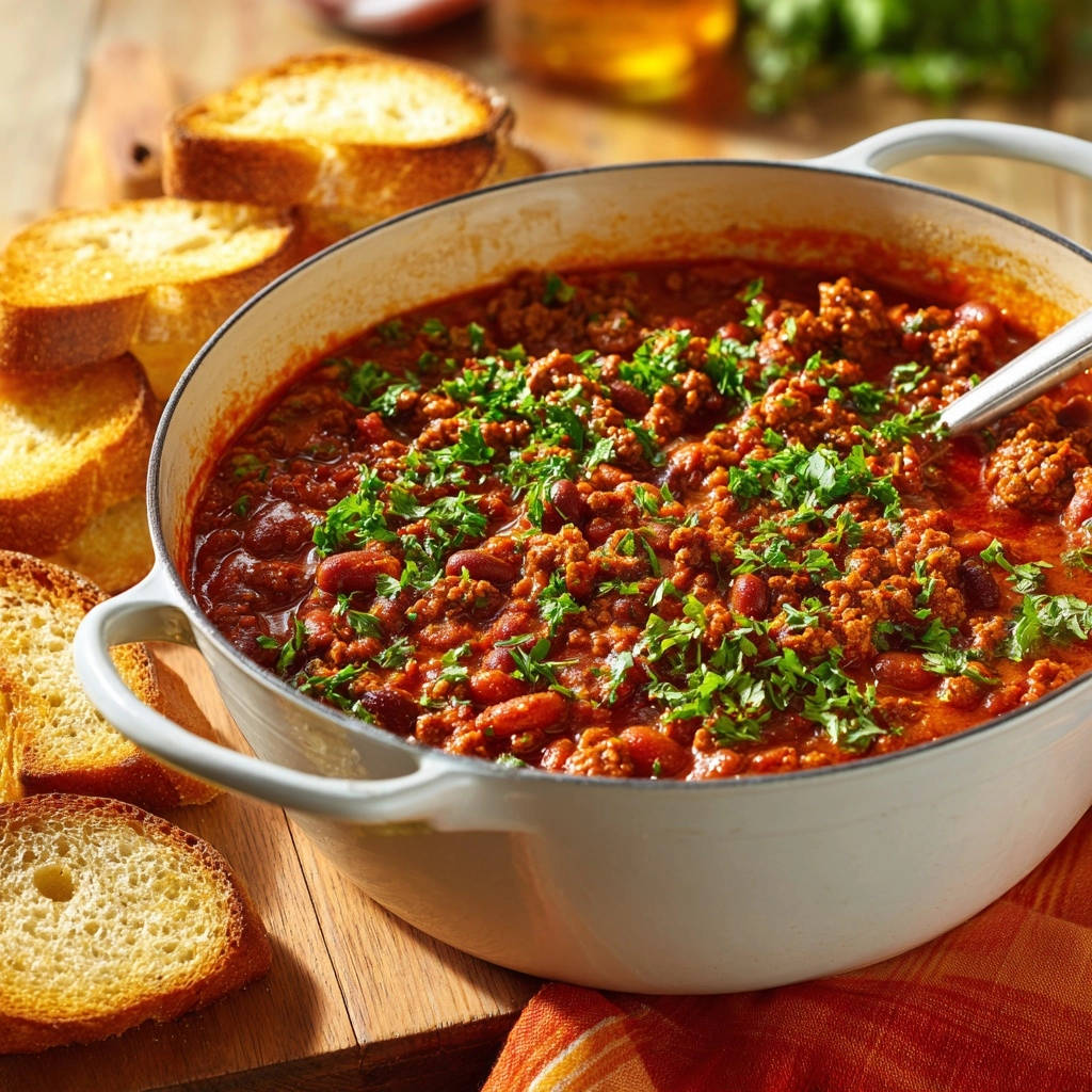 Hearty ground beef & tomato simmer in a white dutch oven, garnished with fresh parsley and served with toasted bread.