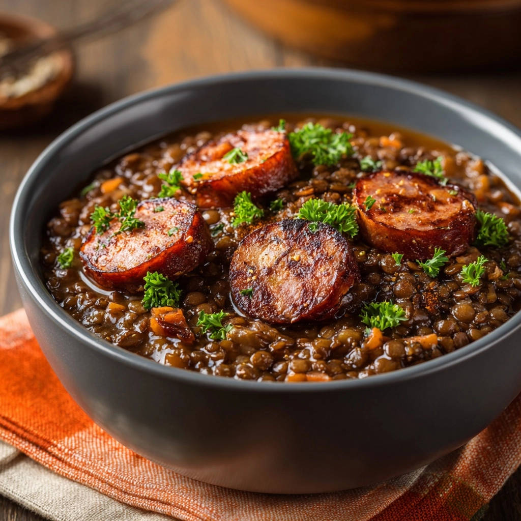 Hearty lentil & chicken sausage stew with sliced sausage and fresh parsley garnish in a bowl.