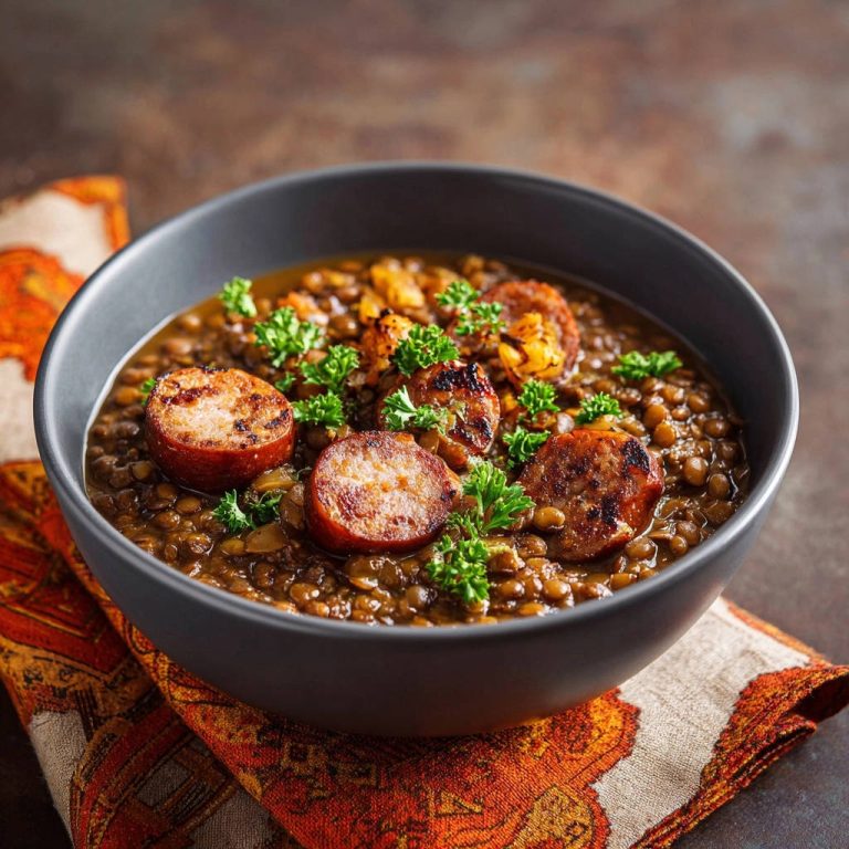 Hearty Lentil & Chicken Sausage Stew featuring sliced sausage and fresh parsley garnish in a dark bowl.