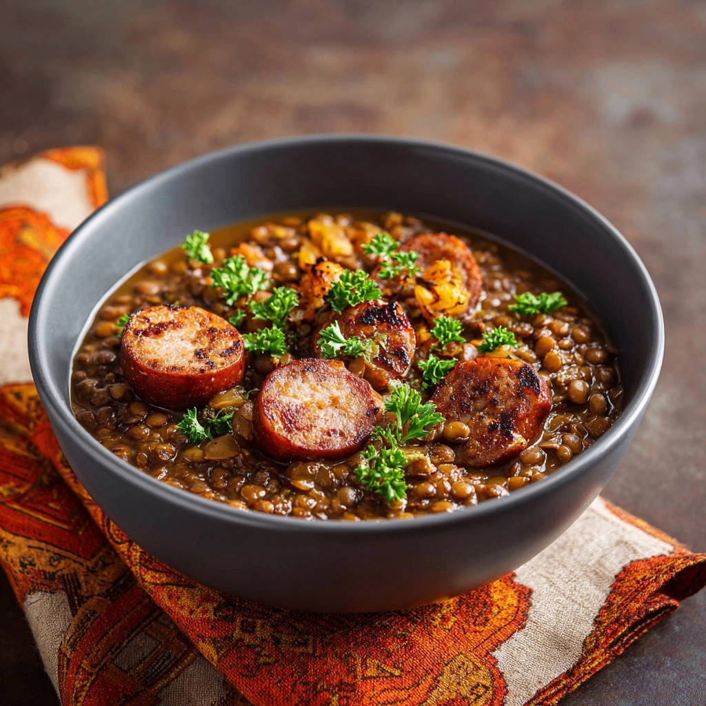Hearty Lentil & Chicken Sausage Stew featuring sliced sausage and fresh parsley garnish in a dark bowl.