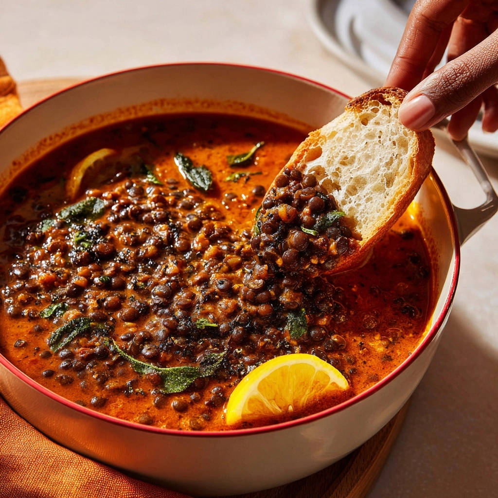 Hearty lentil stew with a piece of bread being dipped into the rich, creamy broth.