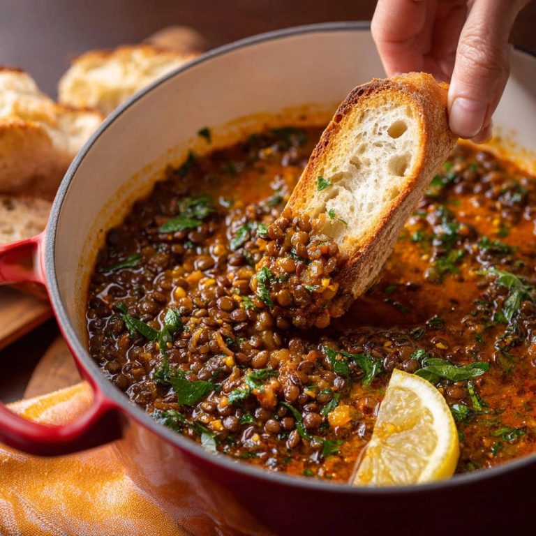 Hearty lentil stew with a piece of crusty bread being dipped into the rich, flavorful broth.