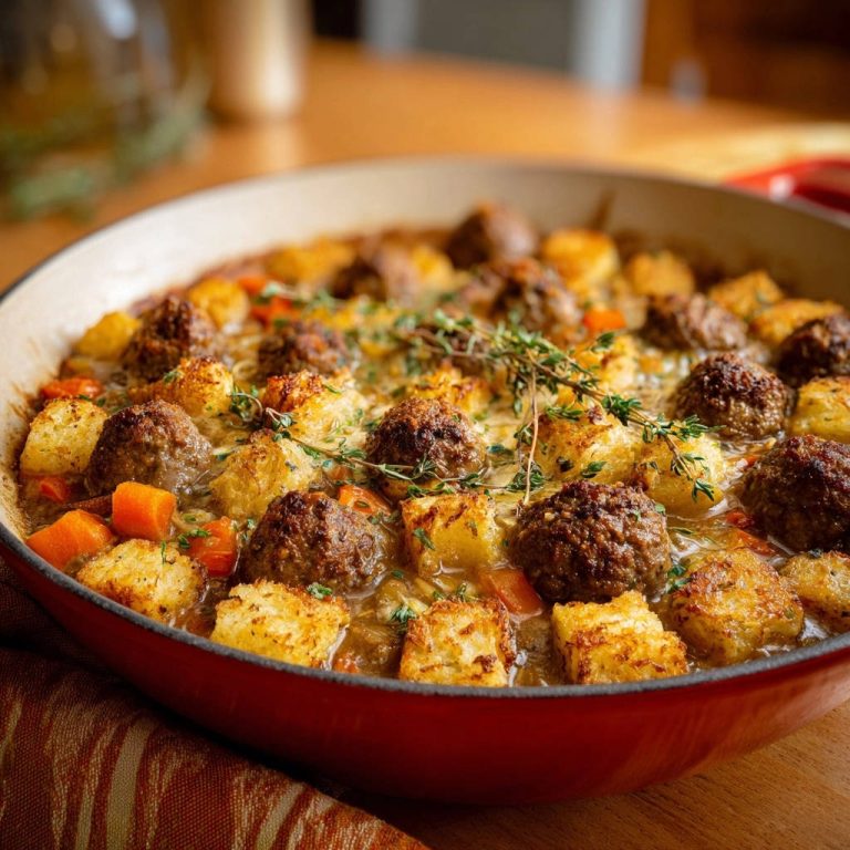 Hearty meatball & potato bake with crispy potatoes and a fresh thyme garnish, shown in a close-up view.