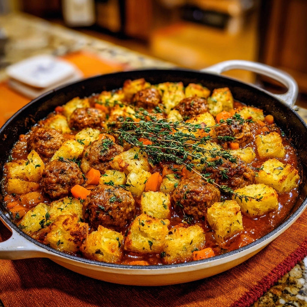 Hearty meatball and potato bake shown in a cast iron pan with a fresh herb garnish detail.