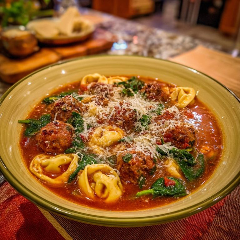 Hearty meatball and tortellini soup presented in a close-up view of a rustic bowl, topped with grated cheese.
