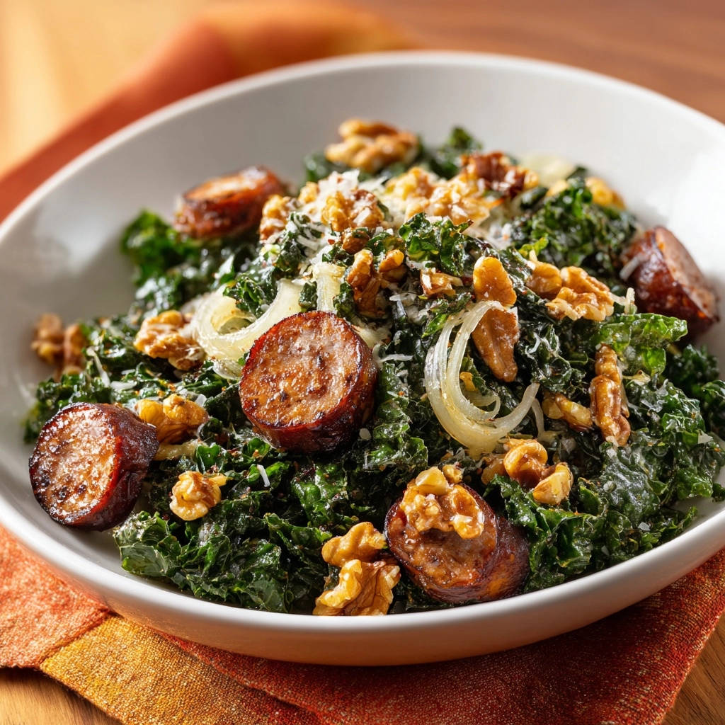Hearty sausage and kale salad shown in a white bowl with walnuts and shaved cheese, a close-up perspective.