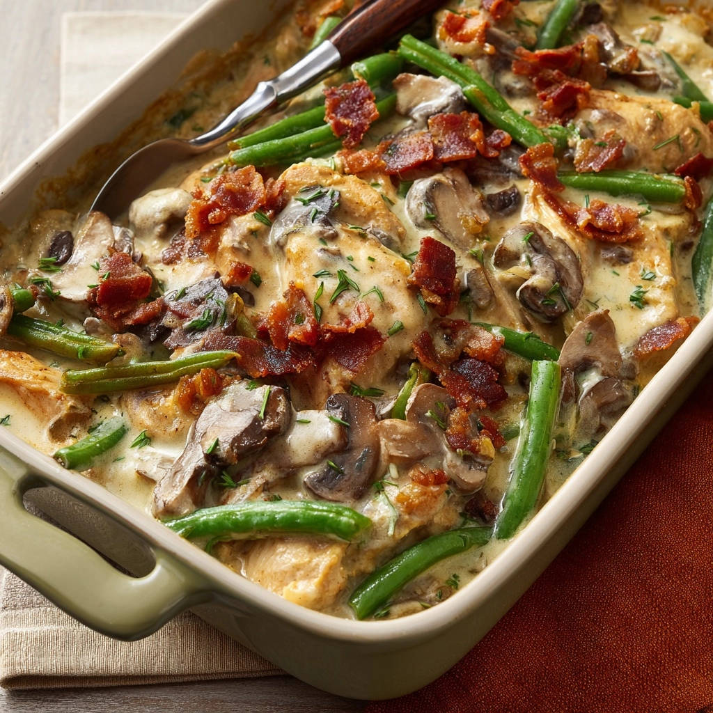 Homestyle creamy chicken bake with green beans, mushrooms, and a crispy bacon topping in a baking dish.