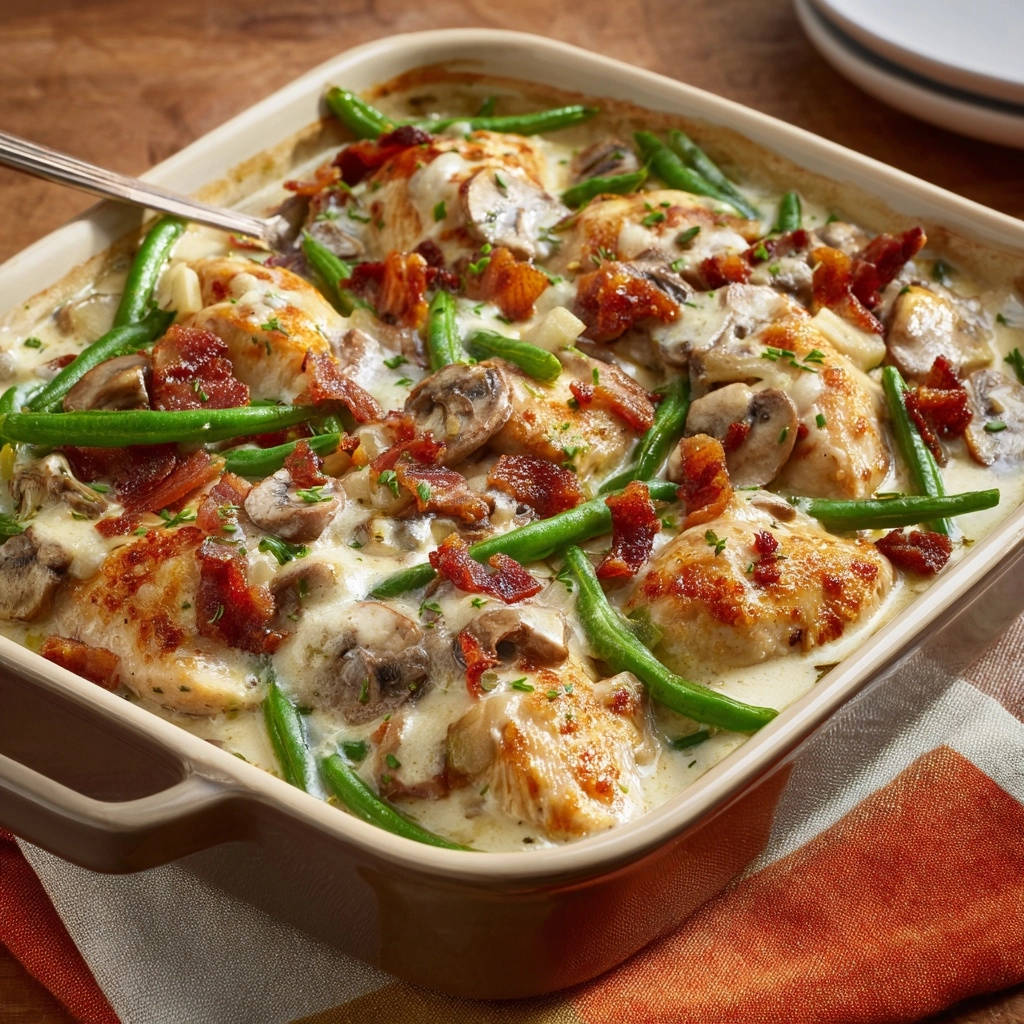 Homestyle creamy chicken bake with green beans and bacon, shown in a close-up view of the bubbly casserole.