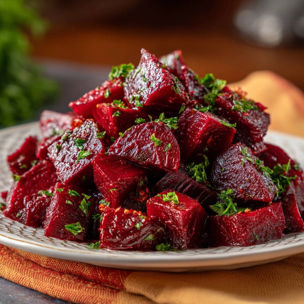 Honey balsamic roasted beets presented cubed and generously garnished with fresh parsley on a white plate.