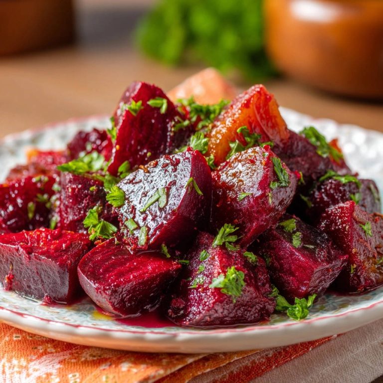 Honey balsamic roasted beets garnished with parsley, served on a plate with an orange napkin.