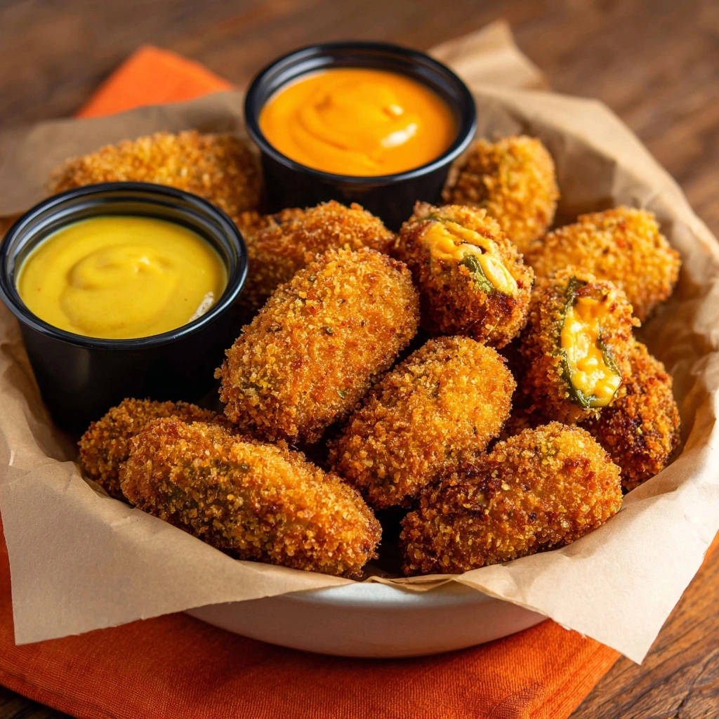 Crispy jalapeño poppers close-up cross-section revealing melted cheese filling and golden breading.