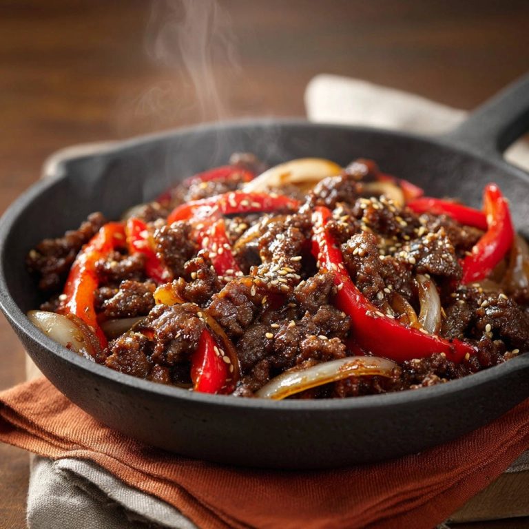 Korean-inspired beef skillet steaming in a cast-iron pan with red peppers and onions.