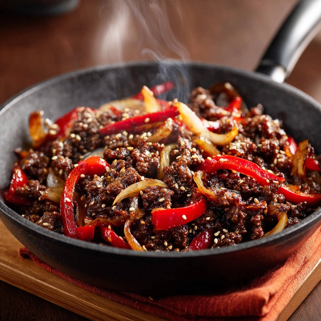 Korean-inspired beef skillet steaming in a black pan with red bell peppers and onions.