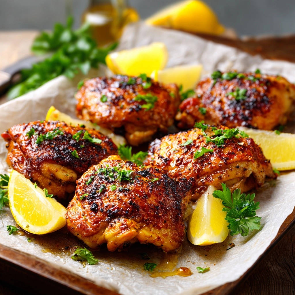 Lemon herb roasted chicken thighs presented with fresh lemon wedges and a sprinkling of chopped parsley garnish.