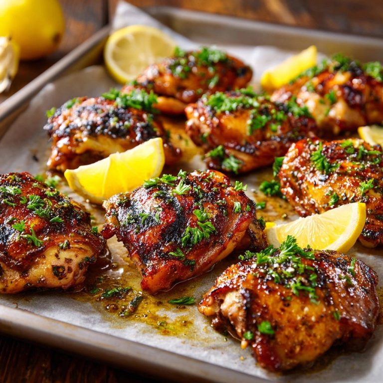 Lemon herb roasted chicken thighs presented on a baking tray with lemon wedges and fresh parsley garnish.