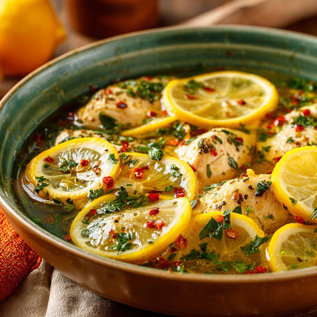 Lemony herb chicken close-up in a bowl, showcasing sliced lemons and fresh parsley.