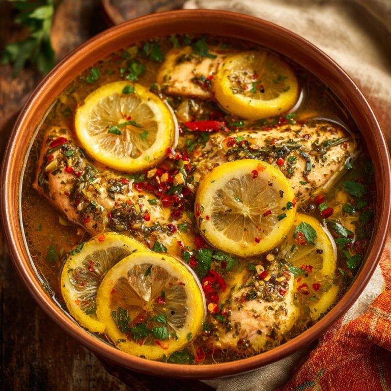 Lemony herb chicken in a bowl, showcasing tender pieces with lemon slices and herbs from an overhead perspective.