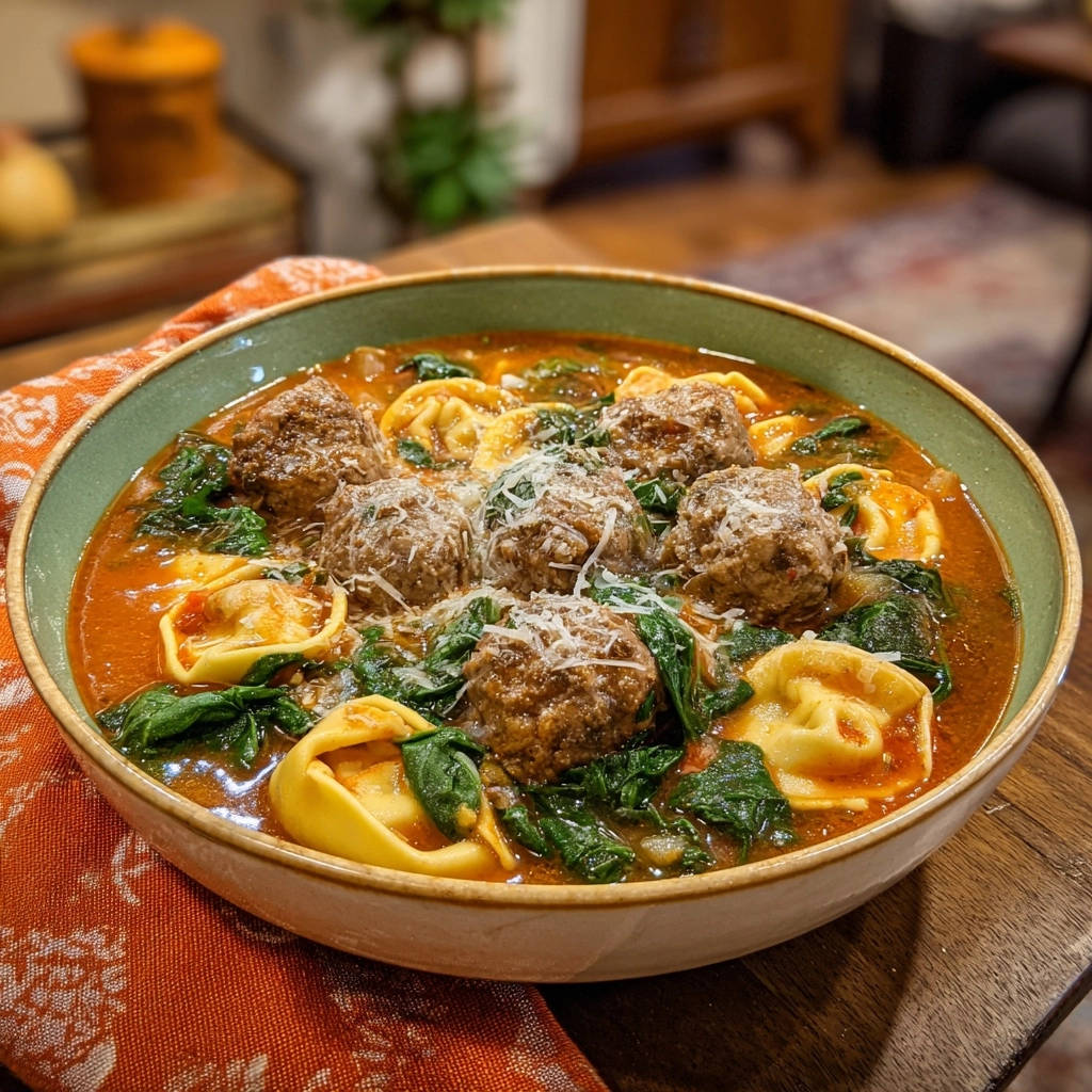 Hearty meatball & tortellini soup shown in a close-up bowl with shredded cheese and spinach.
