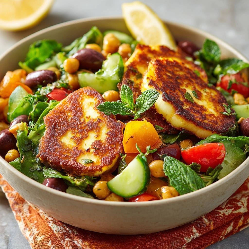 Mediterranean Chickpea & Halloumi Salad: Golden perfection with pan-fried halloumi cheese and fresh vegetables in a close-up view.