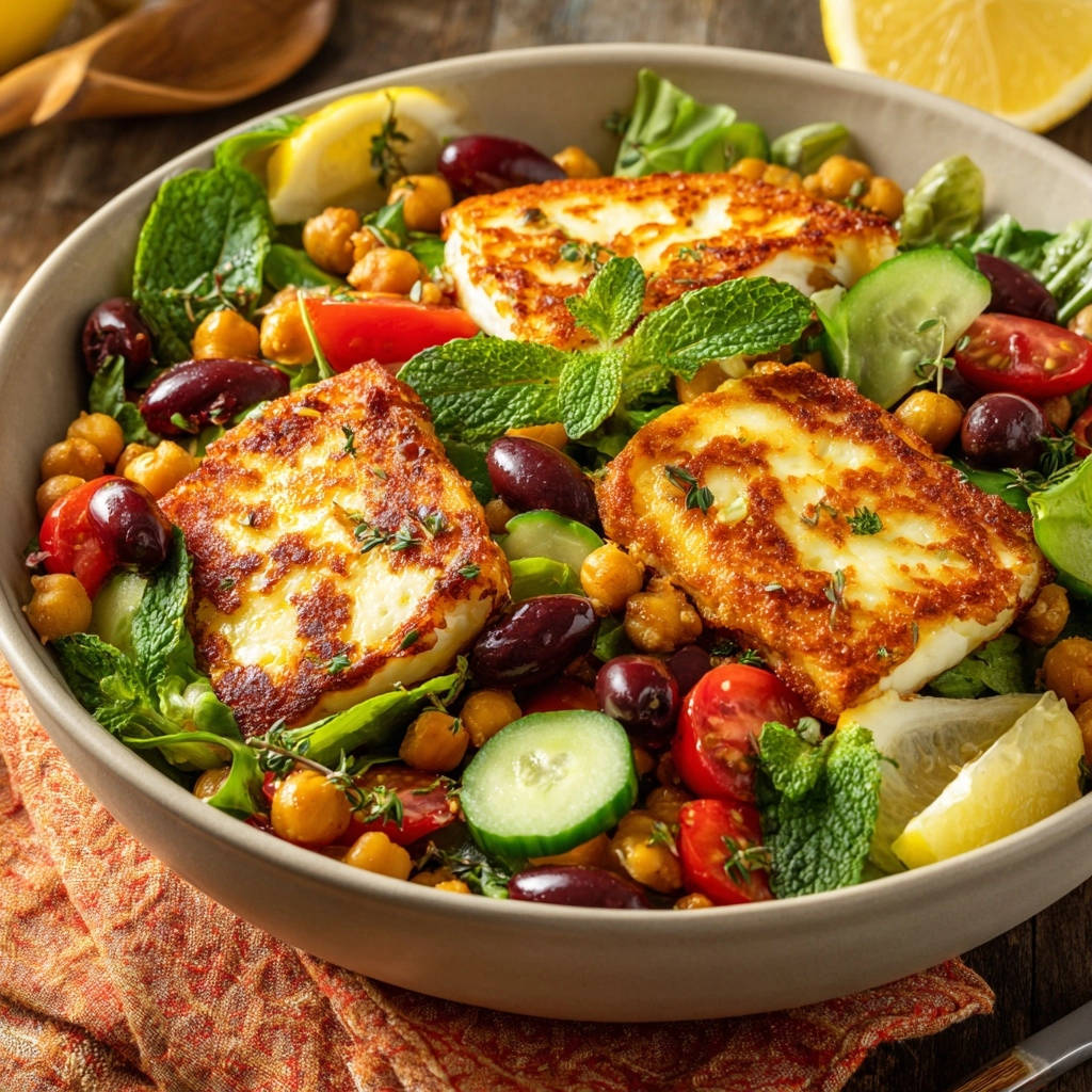 Mediterranean chickpea & halloumi salad with golden halloumi cheese, served in a bowl with olives and lemon.
