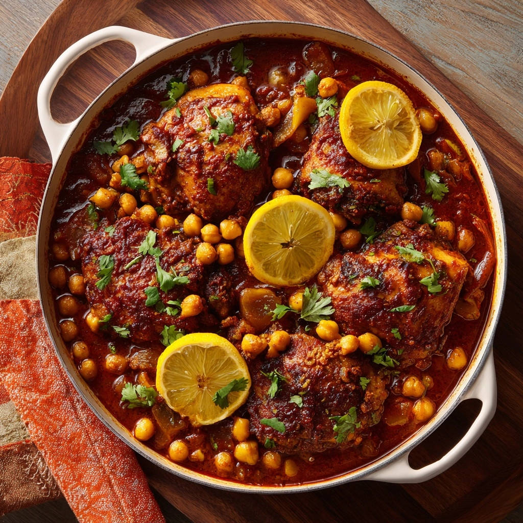 Moroccan-inspired chicken and chickpea stew shown in a white pot with lemon slices and cilantro garnish.