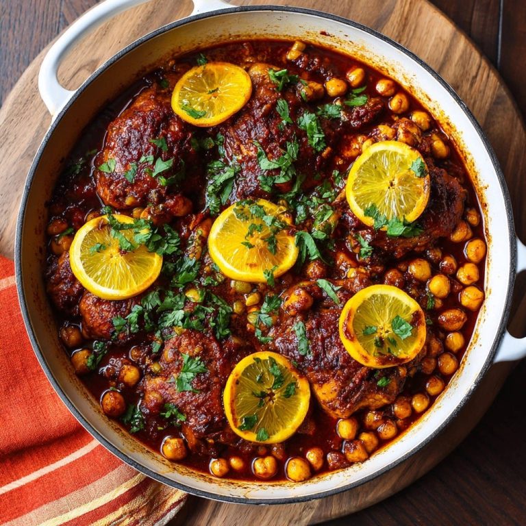 Moroccan-inspired chicken and chickpea stew shown in an overhead view, garnished with lemon slices and fresh parsley.