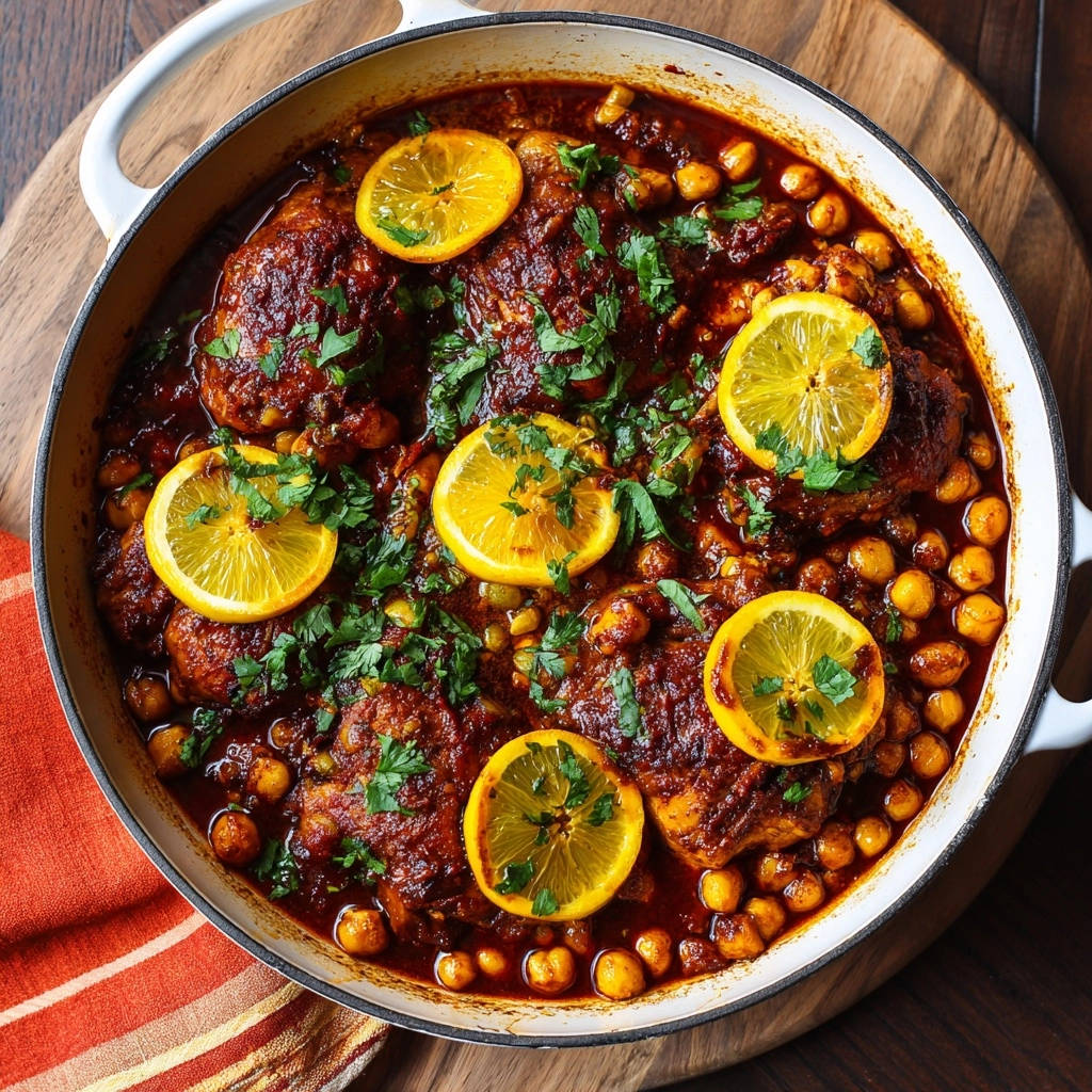 Moroccan-inspired chicken and chickpea stew shown in an overhead view, garnished with lemon slices and fresh parsley.