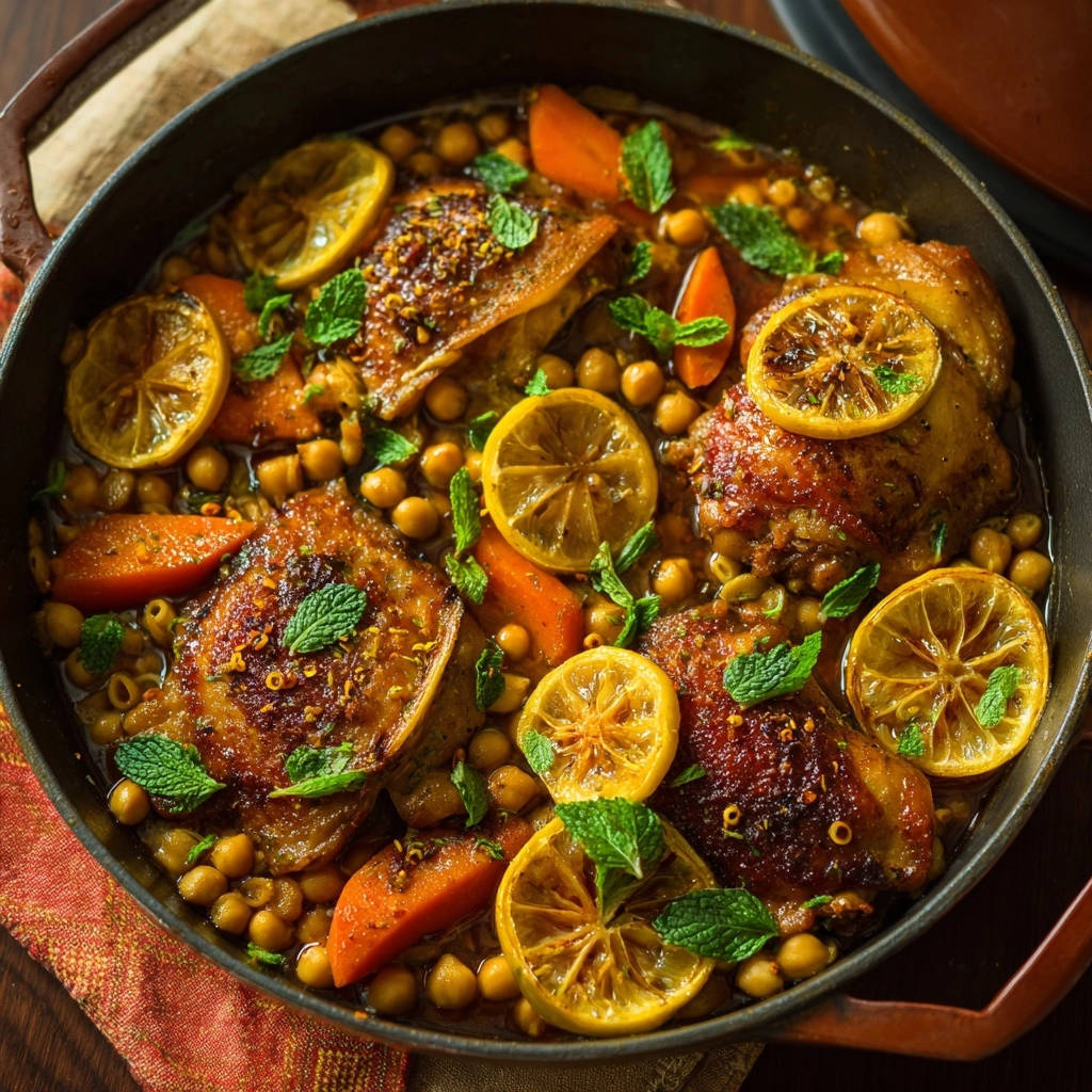 Moroccan-inspired lemon chicken skillet shown in a skillet, garnished with mint and lemon slices.