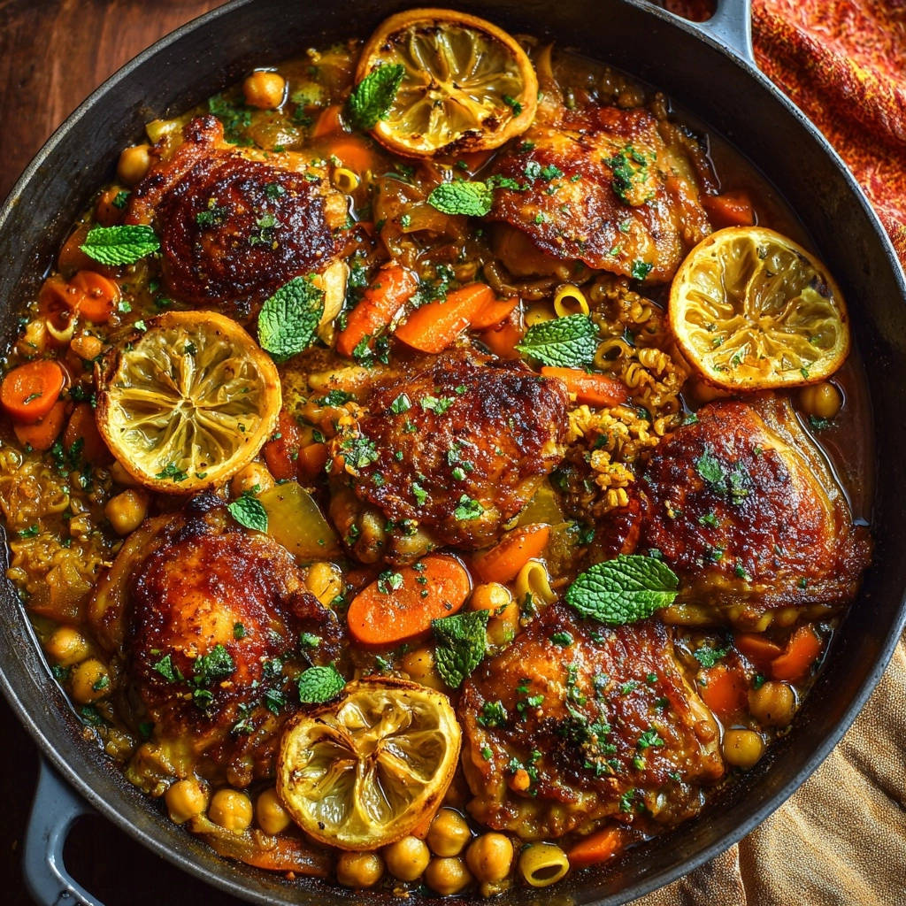 Moroccan-inspired lemon chicken skillet shown overhead with lemon slices, chickpeas, carrots, and fresh mint garnish.
