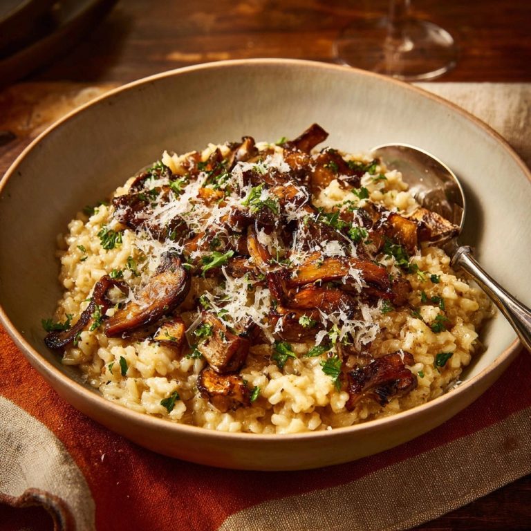 Dreamy mushroom risotto topped with sautéed mushrooms, fresh parsley, and grated Parmesan cheese.