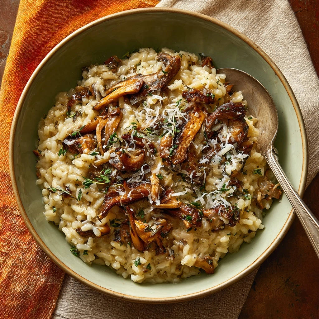 Dreamy mushroom risotto served in a green bowl, topped with sautéed mushrooms and grated Parmesan cheese, shown from an overhead perspective.