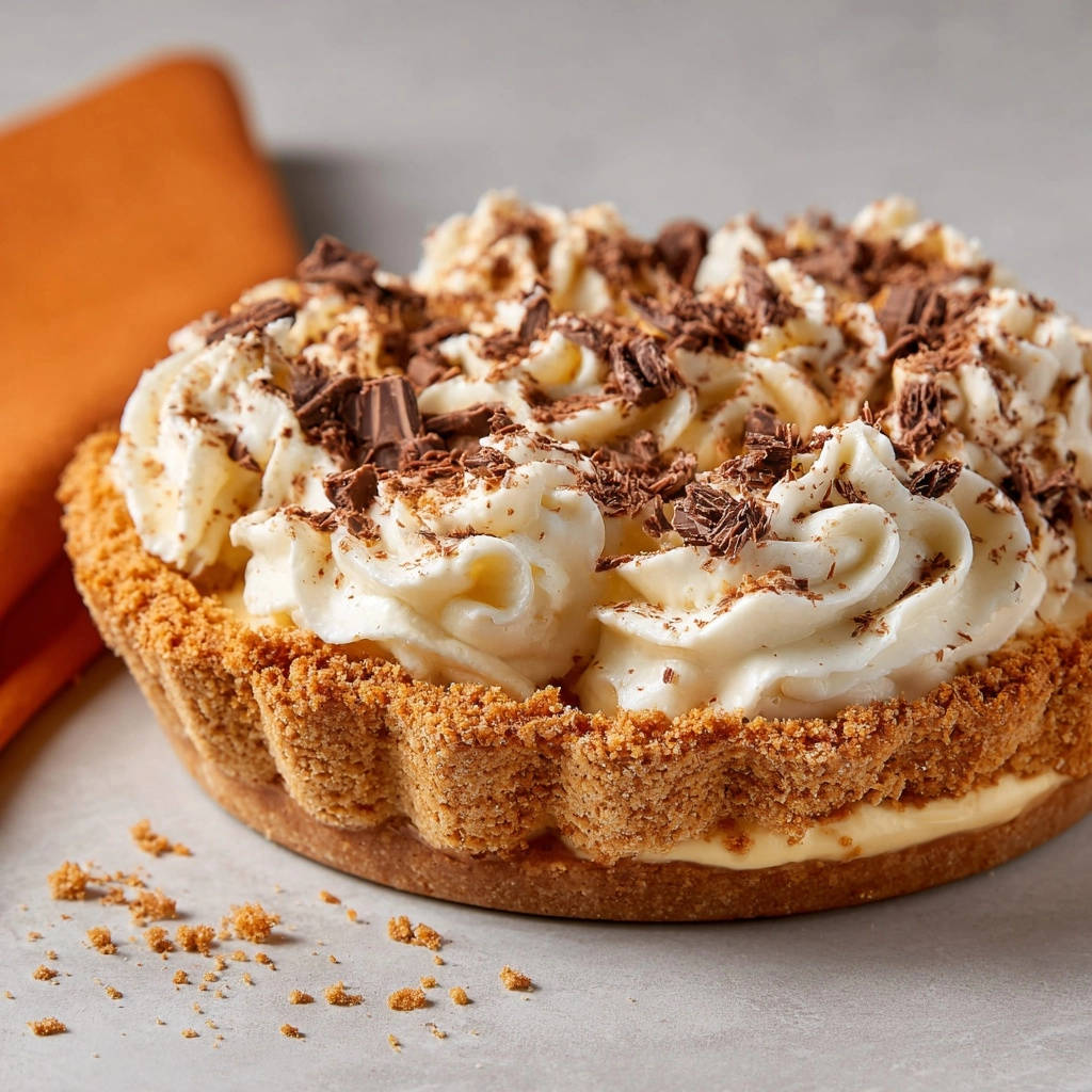 No-Bake Caramel Swirl Dream Pie topped with fluffy whipped cream and chocolate shavings.