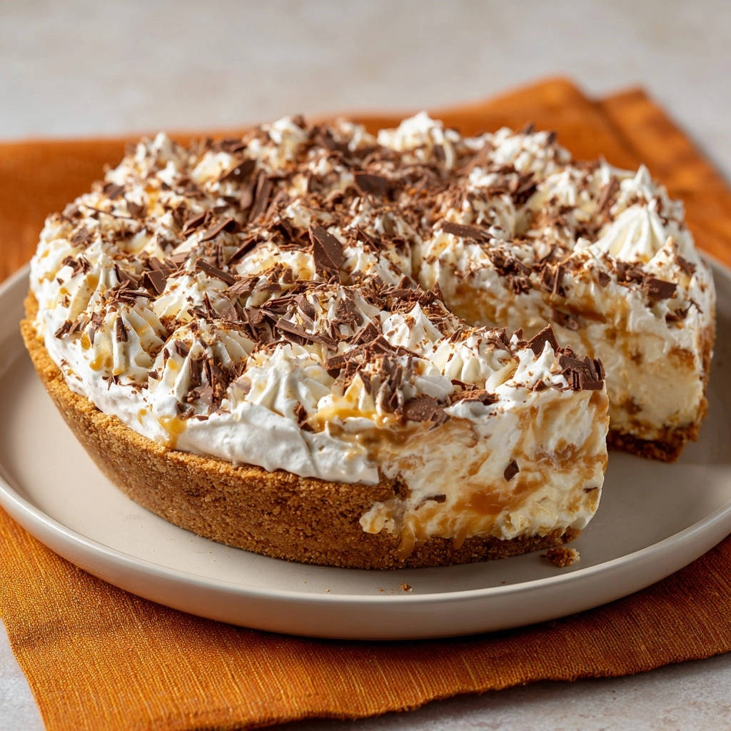 No-bake Caramel Swirl Dream Pie shown in a sliced cross-section revealing layers of whipped cream and caramel swirls.