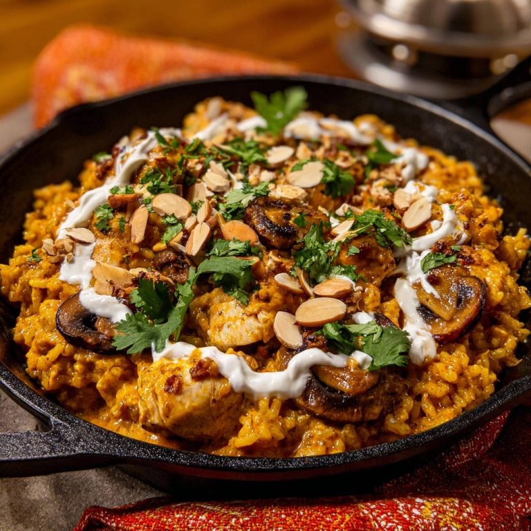 One-Pan Spiced Chicken & Rice Skillet with a close-up view of the fluffy rice, chicken, mushrooms, and fresh herb garnish.