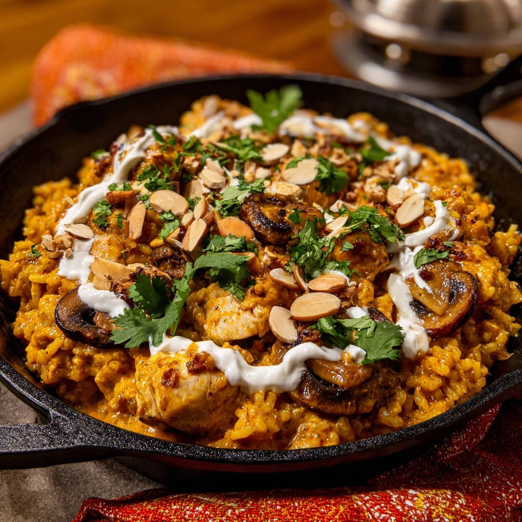 One-Pan Spiced Chicken & Rice Skillet with a close-up view of the fluffy rice, chicken, mushrooms, and fresh herb garnish.
