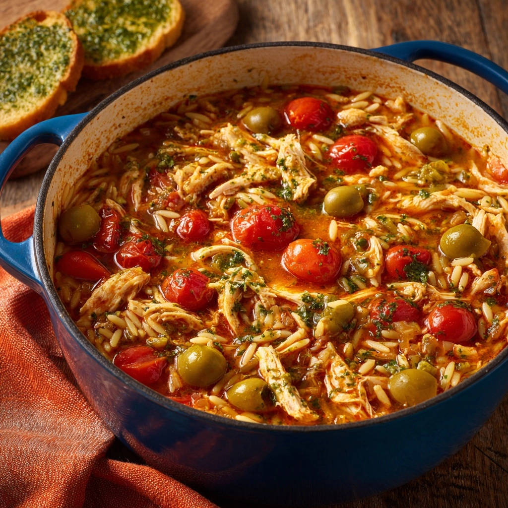 One-pot Mediterranean chicken and orzo shown in a blue Dutch oven, featuring cherry tomatoes and green olives.
