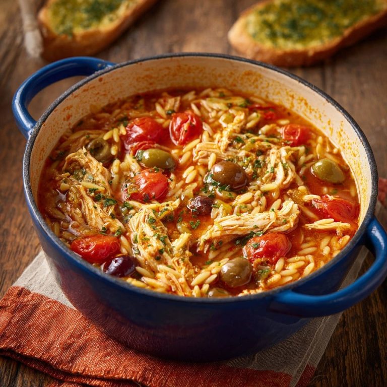 One-pot Mediterranean chicken and orzo shown in a blue pot with cherry tomatoes and olives, a close-up view.