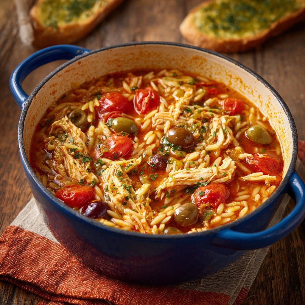 One-pot Mediterranean chicken and orzo shown in a blue pot with cherry tomatoes and olives, a close-up view.