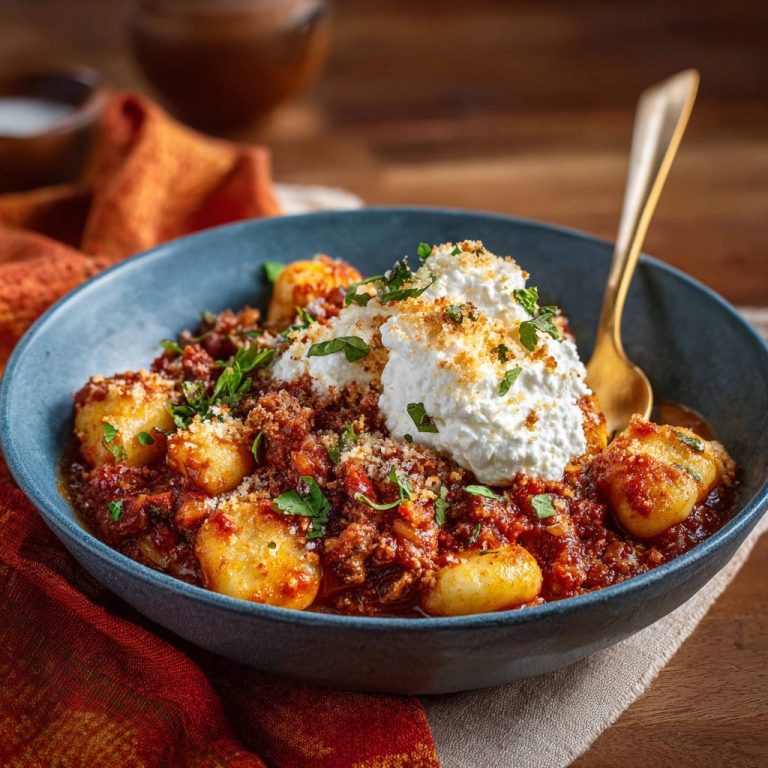Crispy pan-seared gnocchi with meaty sauce topped with creamy ricotta and breadcrumbs in a blue bowl.