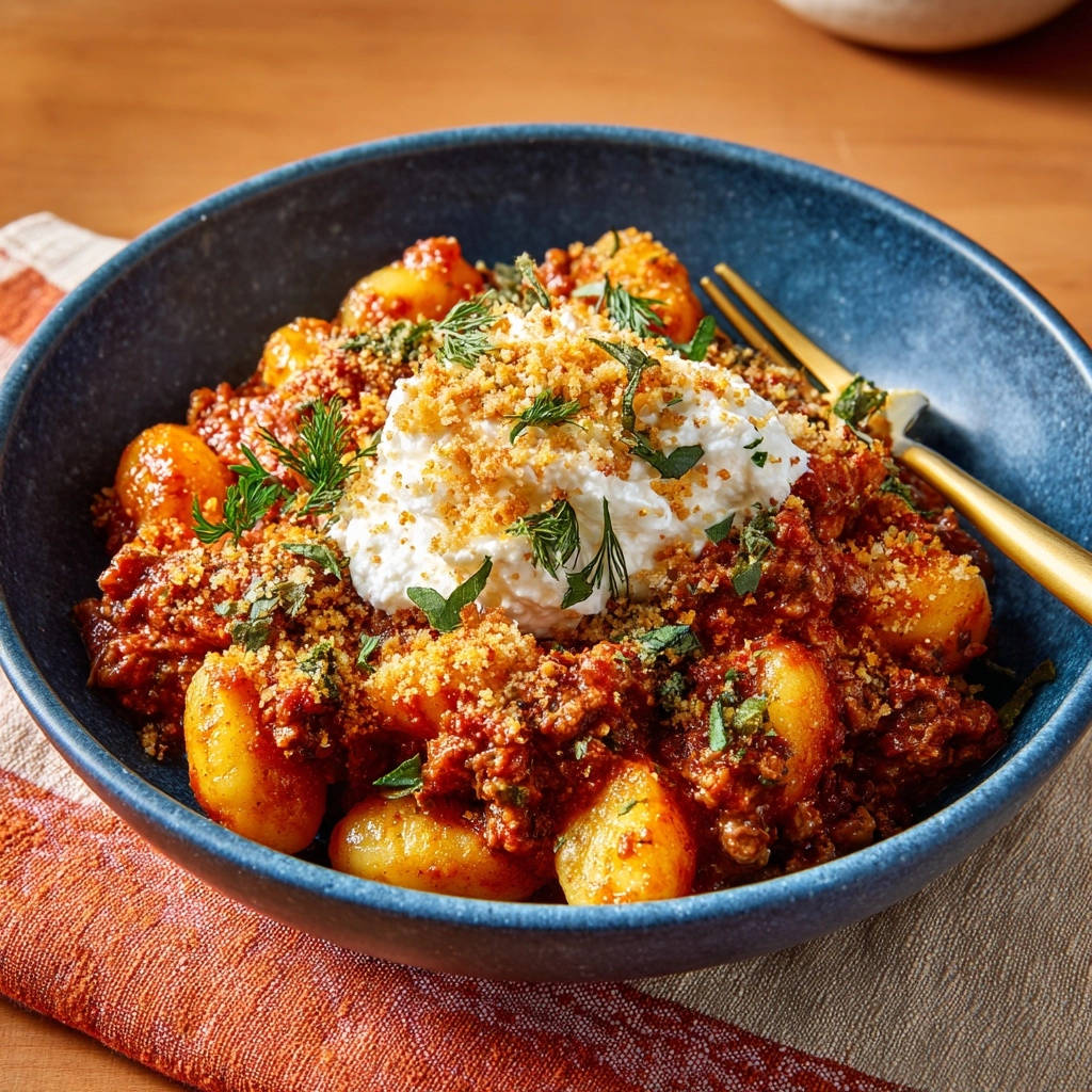 Crispy pan-seared gnocchi with meaty sauce topped with creamy burrata and breadcrumbs in a blue bowl.