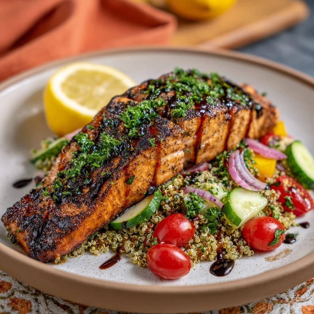 Pan-seared salmon with quinoa salad presented attractively on a plate with lemon and fresh vegetables.