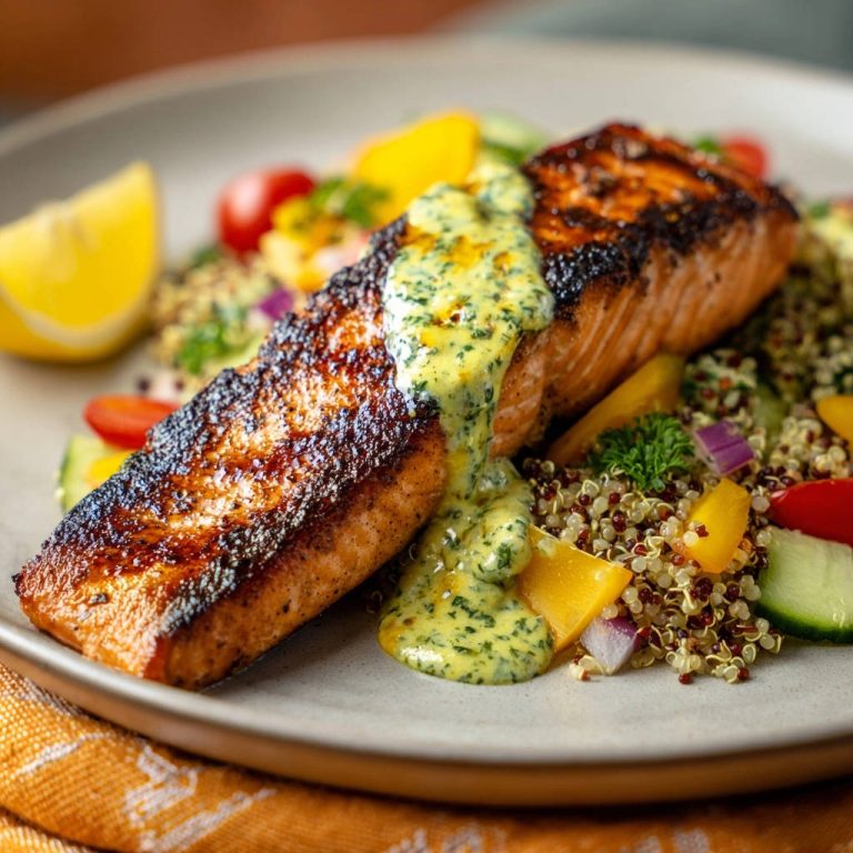 Pan-seared salmon with quinoa salad plated with a drizzle of herb sauce and a lemon wedge.