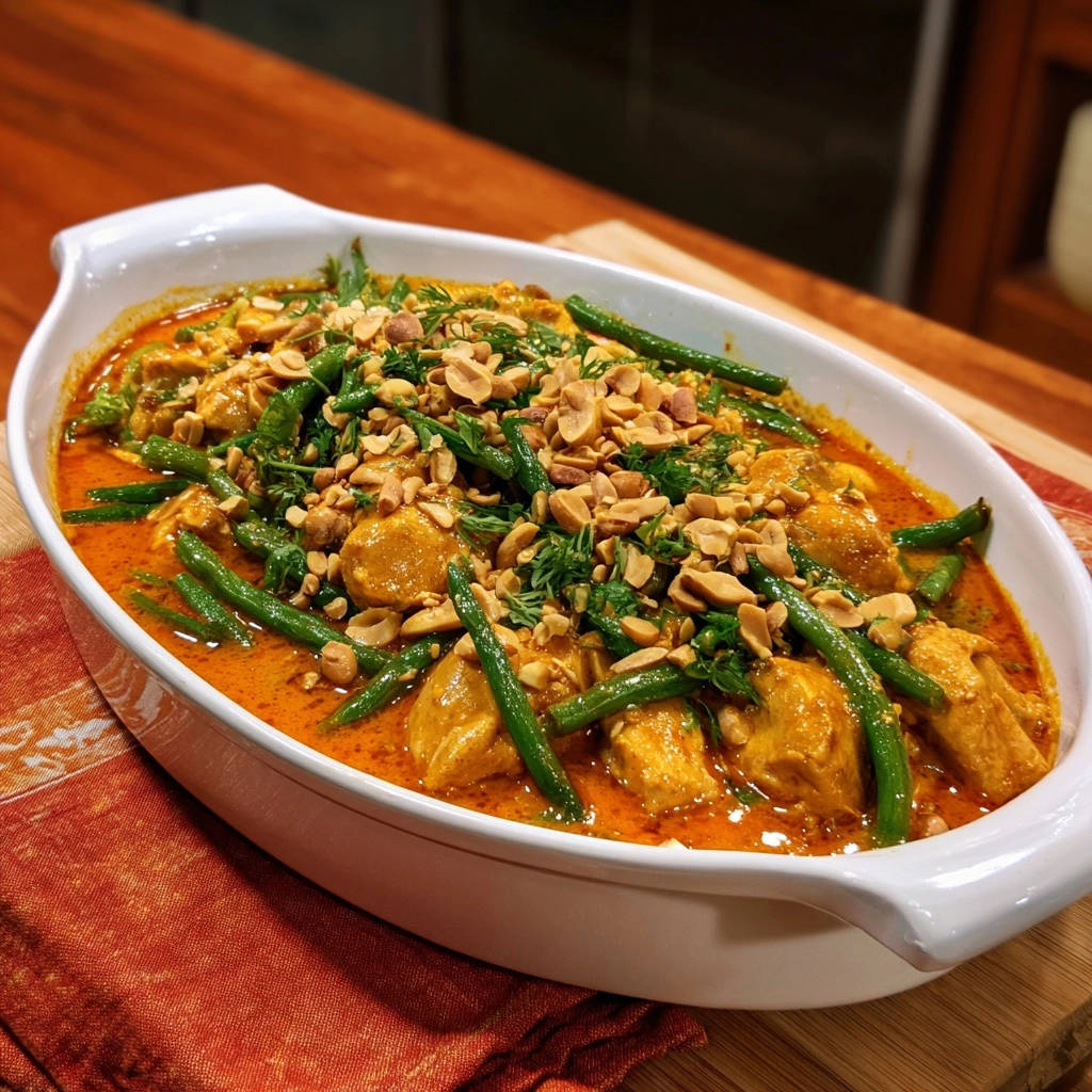 Hearty Peanut Chicken & Green Bean Curry with a generous topping of chopped peanuts and fresh herbs.