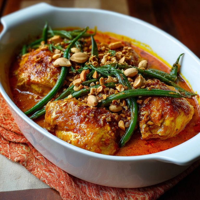 Hearty Peanut Chicken & Green Bean Curry with a close-up view of the chopped peanut and dill garnish.