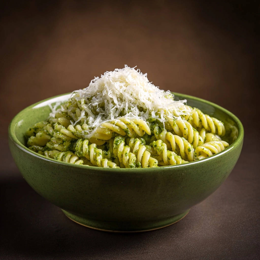 Easy pesto pasta in a green bowl, generously topped with freshly grated Parmesan cheese.