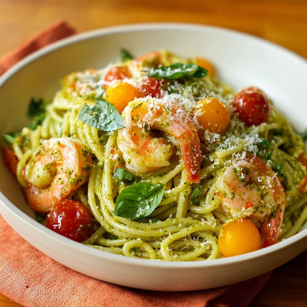 Pesto shrimp pasta close-up with cherry tomatoes and fresh basil leaves, showcasing the vibrant green sauce and tender shrimp.