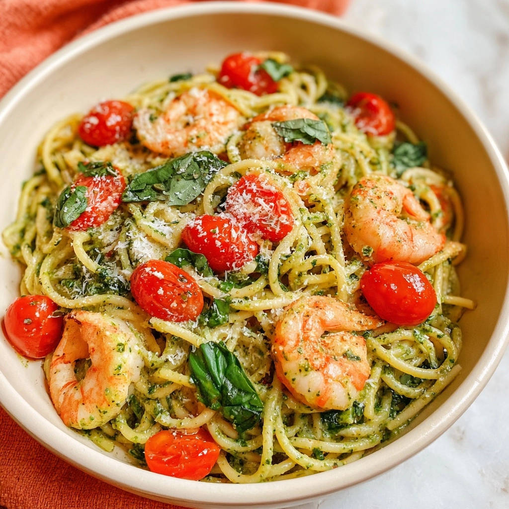 Pesto shrimp pasta served in a bowl, featuring plump shrimp, cherry tomatoes, and fresh basil, with a close-up view of the pasta and sauce.
